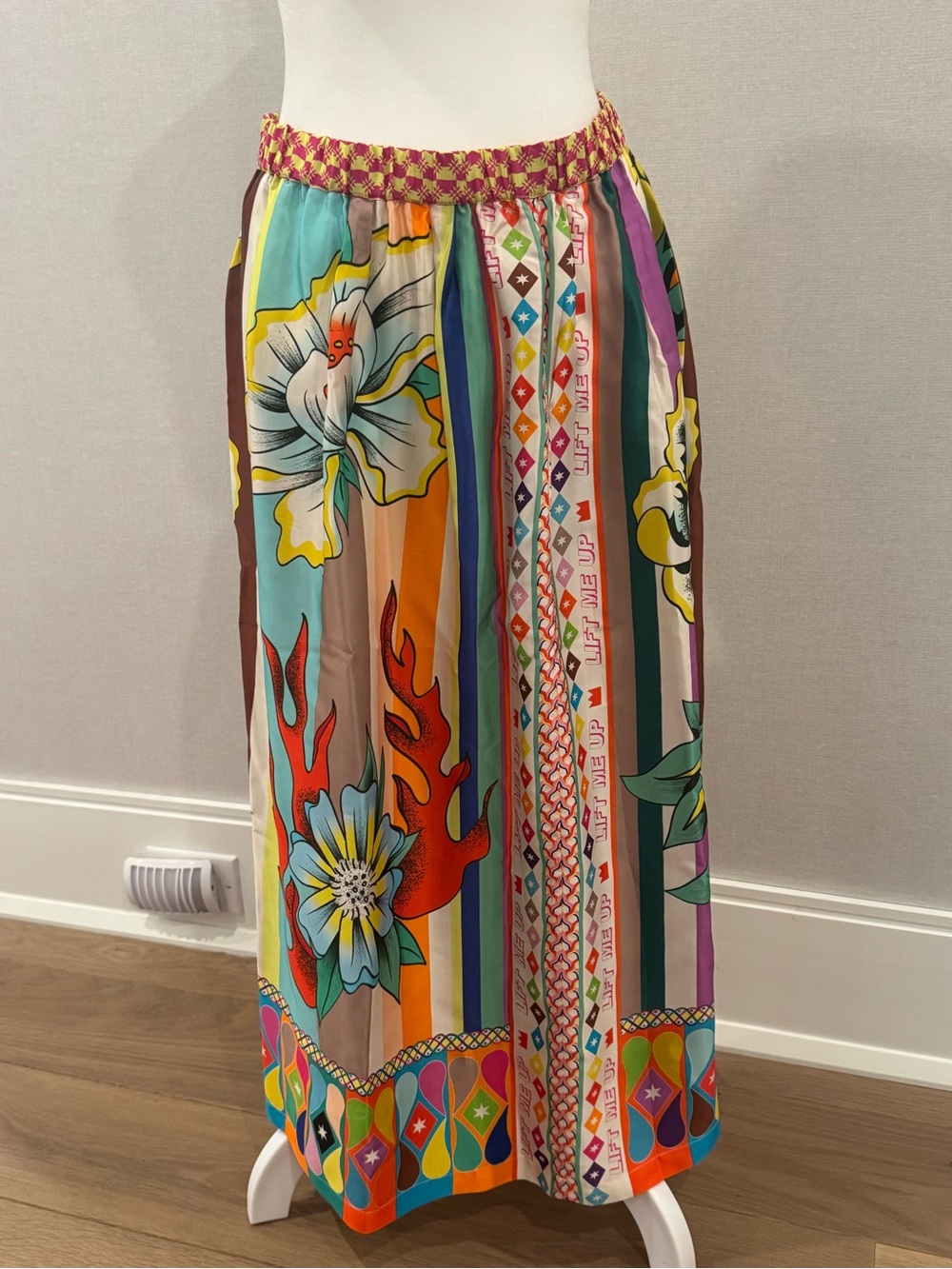 ME369 Multicolor Printed Midi Skirt with Floral & Stripe Panels - fits sz 2-6